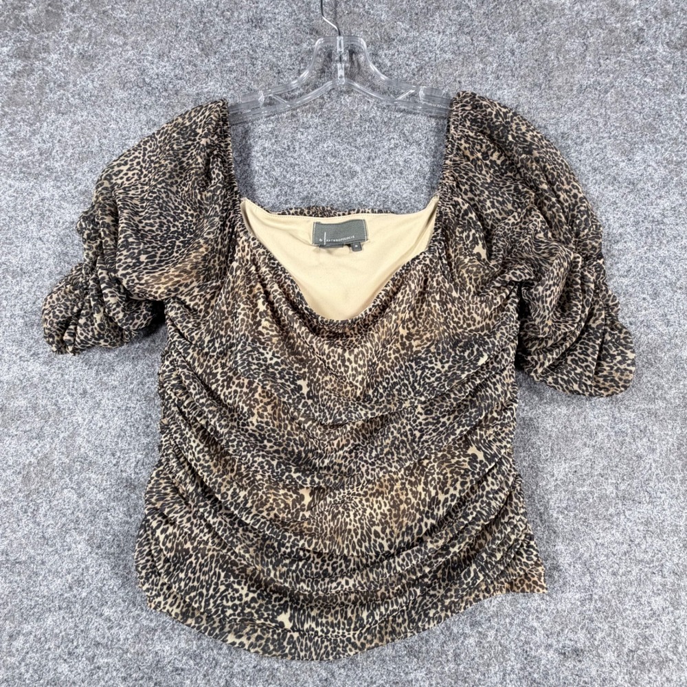 Anthropologie Leopard Mesh‎ Shirred Top M Ruched Square Neck Puff Sleeve Blouse